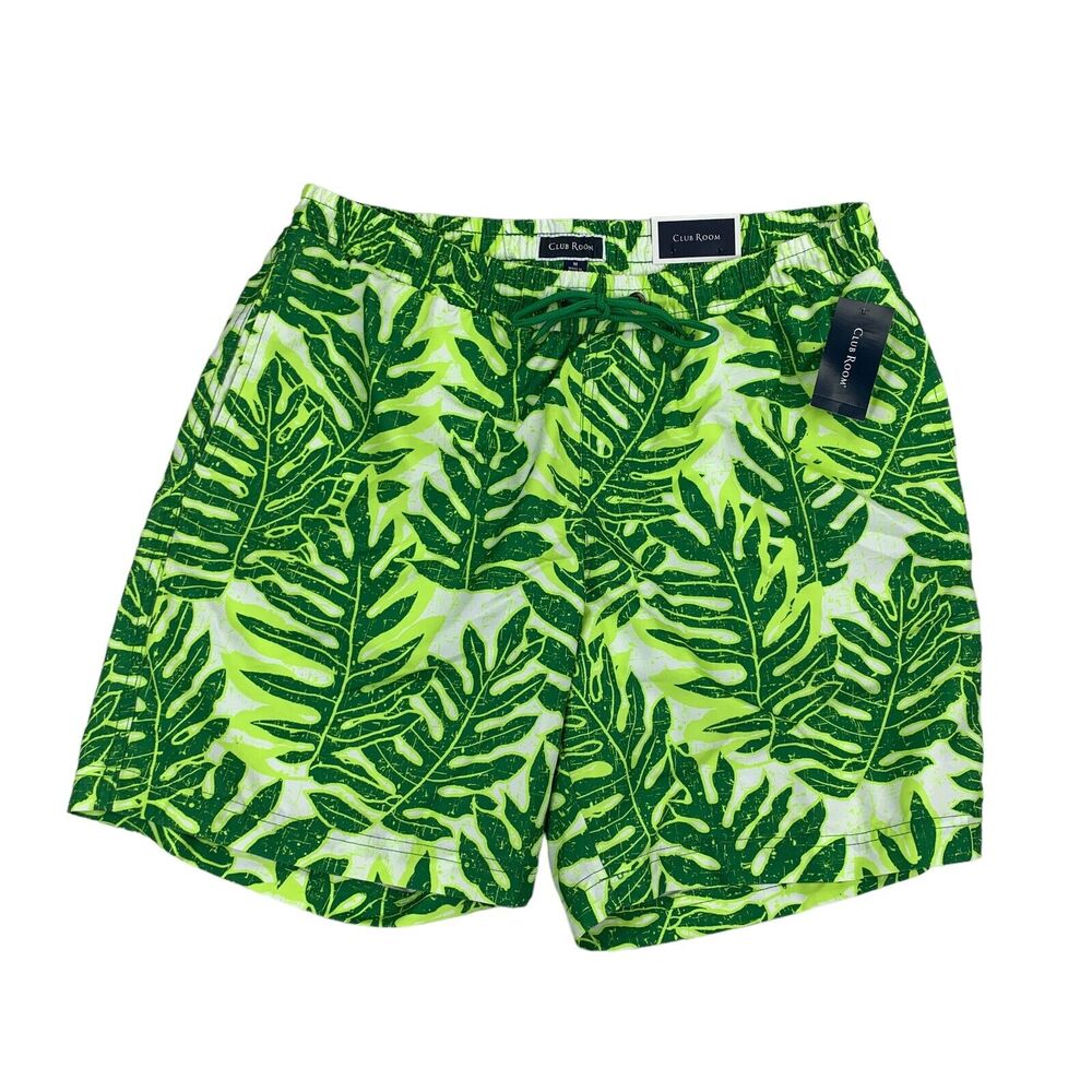 Club Room Mens Bold Leaves Mesh-Lined 7" Quick-Dry Swim Trunks Green M